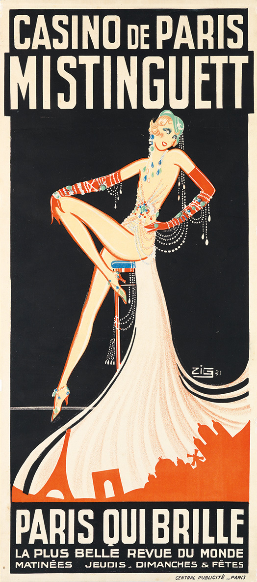 ZIG (LOUIS GAUDIN, 1882-1936). CASINO DE PARIS / MISTINGUETT / PARIS QUI BRILLE. 1931. 34x15 inches, 87x38 cm. Central Publicité, Paris